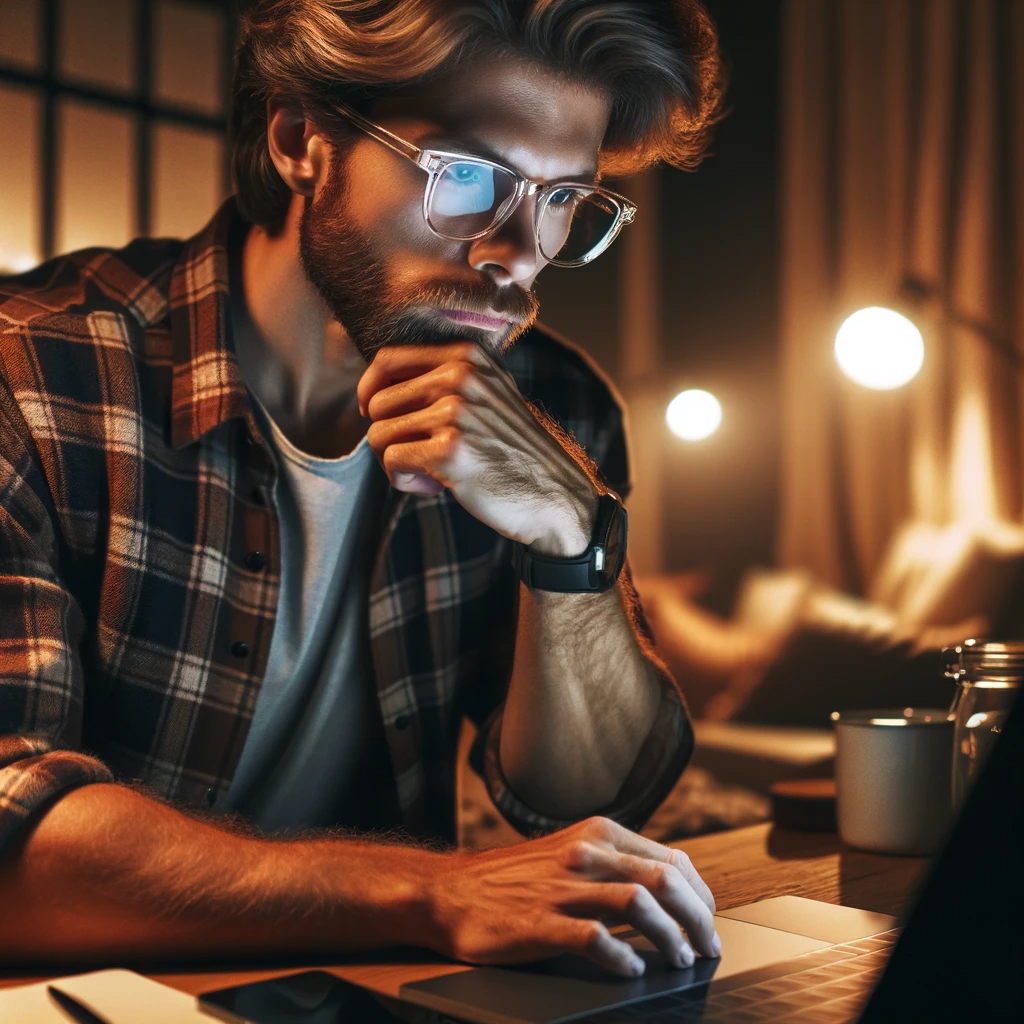 DALL·E 2023-11-24 12.13.59 - The image depicts a focused individual in a cozy indoor setting at night. The person is a man with light brown hair and beard, wearing clear framed gl